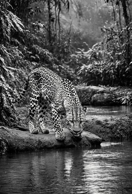 a (black and white:1.5) photo of a leopard, in the jungle, drinking at the at the edge of a river, at dusk, dense jungle forest, dramatic lights, shallow depth of field, blurred background, extreme details, intricate details, 8k, 35mm photo, photorealism, realistic photo, national geographic style, masterpiece, film photography style