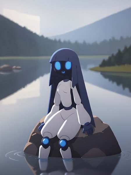 score_9, score_8_up, score_7_up, BREAK, P0ch1R0b0t, 1girl, solo, blue eyes, long hair, blue hair, sitting, sitting on rock, outdoors, water, reflection, rock, lake, fog, mist, wind, leafs, hands on hip <lora:Pochi_Science_Robot2:0.8>