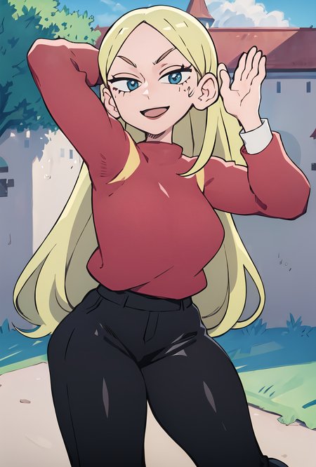 1girl, <lora:hillingLora_hillingV1:0.89>, red sweater, black pants, smile,  outdoors, castle, grass, (((arm up))),