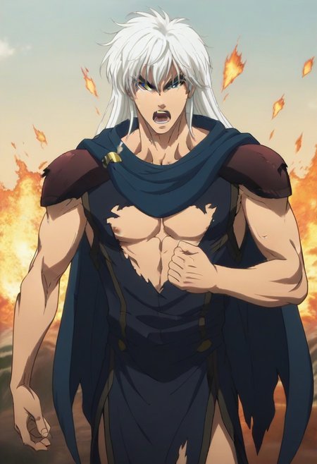 ((masterpiece)), ((best quality)), ((ultra-detailed)), score_9_up, score_8_up, score_7_up, HD, top quality, best quality, High-quality illustrations, anime screencap, source_anime, perfect anatomy, 1boy, 1male, male anime character, anime boy, solo male, male focus, handsome, attractive, sexy, ((fit body, lean body,mature body, hunk body)), ((tall, tall height, tall body)), looking at viewer, looking at front, front shot, front view, Dark Schneider, long hair, white hair, blue eyes, bushy black eyebrows, fangs, rode, cape, tunic, ((ripped outfit, exploding outfit, destroyed outfit, scratched outfit)), ((screaming loudly in agony, screaming towards the sky)), ((dramatic pose)), ((dramatic scenery)), ((surrounded by flames, surrounded by fire))