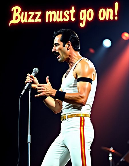 Freddie Mercury stands center stage at a concert. He is dressed in a tight, white tank top, paired with white trousers featuring a red and gold stripe down the sides. A black armband is wrapped around his upper arm. His short, dark hair is slicked back, and his thick mustache is neatly groomed. He grips the microphone stand, standing with a wide stance. The stage lights reflect off his sweat-covered skin as he moves precisely, maintaining control of the performance. , at top of image floating text "Buzz must go on!" written with rock music styled letters, <lora:flux\Textimprover-FLUX-V0.4.safetensors:0.8:0.8>