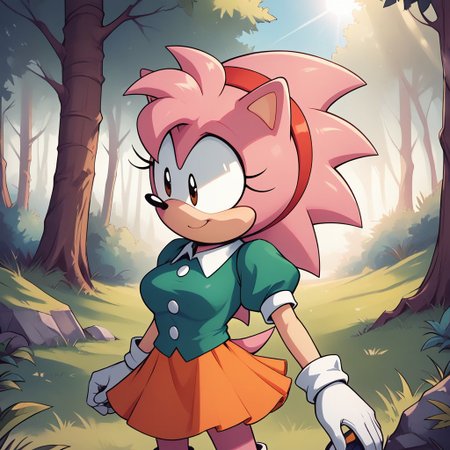 score_9, score_8, BREAK, solo, Classic Amy, sonic \(series\), solo girl, green dress top, white gloves, animal ears, black pupils, pink, white shoes, short puffy sleeves, white collar, red hairband, orange skirt, animal nose, two-tone fur, pink fur, adult, breasts, sexy pose, self portrait, smile, outdoors, sunlight, shadows, evening lighting, natural lighting, forest, trees, grass, orange sky, sunset