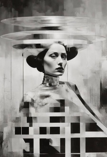 Monochrome black and white, Dali, Magritte, Delvaux, Bellmer, Malevitch, Rodchenko, Mondrian, Kandinsky, Popovna, psychedelic hallucination, pop surrealism, rough crosshatch drawing pop art Lunatic_Portrait of a young girl in latex, slick back, low bun, black makeup, sinister expression, intense glare, avant-garde, abstract, weird, geometric, constructivism, suprematism, rayonism, verticism, lineism, tj