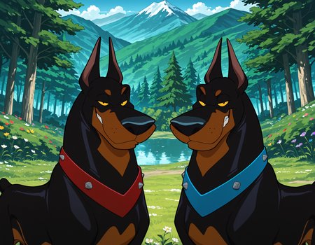 masterpiece, best quality, amazing quality, male, males only, male focus, male, doberman, yellow eyes, red collar, blue  collar,  twins,  , mountain, flower, forest, tree, smile, looking at viewer, male focus,
