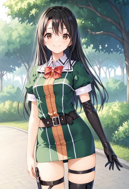 1girl, solo, park, cowboy shot, standing,   <lora:KC_03HC_chikuma_pony:1> chikumakc, black hair, long hair, brown eyes,         chikumadefkc, green_dress, pencil skirt, short sleeves, red bow, bowtie, single glove, elbow gloves, black gloves, black thighhighs, single thighhigh, thigh strap, black boots,, score_9,score_8_up, score_7_up, source_anime, masterpiece, best quality,  official art, official style, game cg, megami magazine, rating_safe, rating_questionable, <lora:Fixhands_anime_bdsqlsz_V1:0.75>, NEGATIVE_HANDS