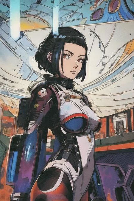 2d artwork, line artwork, comic aesthetics, 1girl, gorgeous, spacesuit mech, looking at viewer, surreal, breathtaking high-tech hardware background, line noise, ancient, retrofuturism, old comic paper, 1girl, beautiful face, spacesuit mech, short hair, red eyes, black epi-space-suit mech, earth, universe