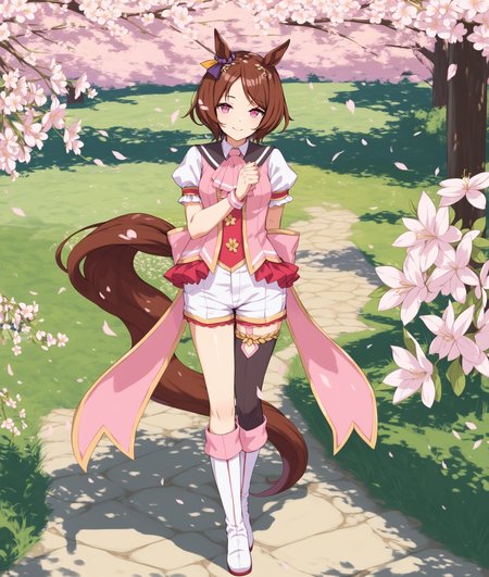 score_9, score_8_up, score_7_up BREAK
grassland, spring, cherry blossoms, 
shobofuku, 1girl, solo, looking at viewer, smile, short hair, brown hair, thighhighs, standing, tail, full body, short sleeves, boots, shorts, white footwear, horse ears, horse girl, horse tail, asymmetrical footwear, mismatched footwear, <lora:sakura_laurel-ponyXL:0.8>, 
five fingers,