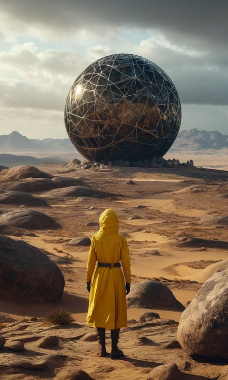 cinematic still A hyper-realistic hauntingly beautiful dark sci-fi scene featuring a vast, barren landscape with a colossal, organic, yellow spherical object. A sphere made up of intertwined and fused egg spheres, intertwined veins and layered flesh reveals a structure of fused mutated spheres and intertwined veins and sinews. A woman in a yellow biohazard suit stands on rocky terrain, staring at the mysterious sphere. An overcast sky hangs over her, creating an eerie atmosphere on the desert landscape. In the distance, man-made structures can be seen on the horizon, hinting at a wider world, sci-fi and high tech. This striking image evokes a sense of wonder and curiosity, inviting viewers to explore the mysterious world that lies within, cinematic, painting, high definition, high detail, 16K resolution. ultra sharp focus photo, 3d render, architecture, dark fantasy, vibrant (photography, high-resolution, dynamic, energetic, hyper-realistic, dramatic lighting, shallow depth of field.) . emotional, harmonious, vignette, 4k epic detailed, shot on kodak, 35mm photo, sharp focus, high budget, cinemascope, moody, epic, gorgeous, film grain, grainy, A hyper-realistic hauntingly beautiful dark sci-fi scene featuring a vast, barren landscape with a colossal, organic, yellow spherical object. A sphere made up of intertwined and fused egg spheres, intertwined veins and layered flesh reveals a structure of fused mutated spheres and intertwined veins and sinews. A woman in a yellow biohazard suit stands on rocky terrain, staring at the mysterious sphere. An overcast sky hangs over her, creating an eerie atmosphere on the desert landscape. In the distance, man-made structures can be seen on the horizon, hinting at a wider world, sci-fi and high tech. This striking image evokes a sense of wonder and curiosity, inviting viewers to explore the mysterious world that lies within, cinematic, painting, high definition, high detail, 16K resolution. ultra sharp focus photo, 3d render, architecture, dark fantasy, vibrant (photography, high-resolution, dynamic, energetic, hyper-realistic, dramatic lighting, shallow depth of field.), highly detailed, rich deep colors, cool, daring, futuristic, colorful background inspired, open complex artistic color, best