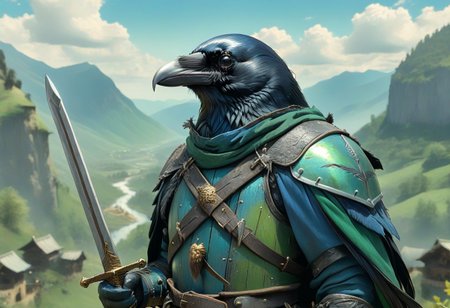 corvidfolk, holding a sword, blue and green armor, background sky over valley