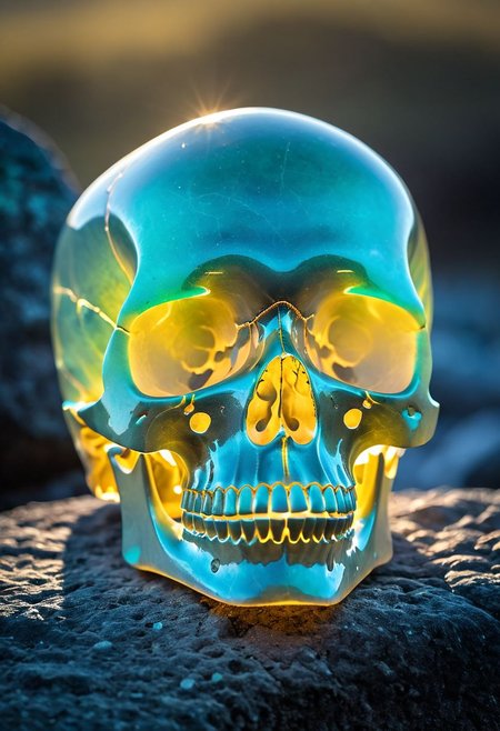 Fujifilm XT3, Sony A7 IV, (award winning photography) a delicate translucent skull made of opal set on a stone ledge in the early morning light, glistening. in the background beautiful valleys, divine iridescent glowing, opalescent textures, volumetric light, ethereal, sparkling, light inside body, bioluminescence, studio photo, highly detailed, sharp focus (highest quality: 1.39) (highest coherency: 1.39) (award winning photography), highly detailed photography, (muted colors, cinematic, dim colors, soothing tones:1.2), vibrant, insanely detailed, hyperdetailed, (dark shot:1.2), (vsco:0.3), (intricate details:0.9), (hdr, hyperdetailed:1.2) (vignette), sss