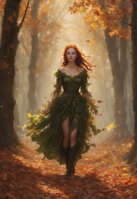 safe_pos, masterpiece, ultra HD, ultra detailed, ultra realist, midjourneyv6.1, close-up portrait of a beautiful woman witch wearing a long dress made of tree leaves walking in the forest, (((dress made of leaves))), sexy , alluring,  from below , beautiful breast, bare shoulder, large breast, wide smile, natural skin, ginger hair, long hair
,green_leaf, autumn_leaf, yellow_leaf, orange_leaf, red_leaf, brown_leaf, light_effect , dynamic cinematic lighting, ray_tracing, global illumination, masterful composition, dynamic movement, upper body, 
