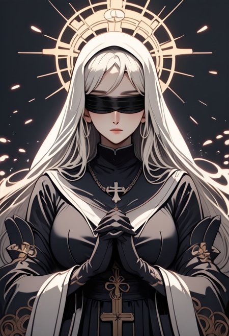 (score_9, score_8_up), score_7_up, 1girl, long hair, large breasts, simple background, gloves, long sleeves, white background, dress, jewelry, upper body, white hair, black gloves, hood, wide sleeves, necklace, black dress, blindfold, halo, own hands together, cross, veil, interlocked fingers, hood up, nun, own hands clasped, praying,, 
depth of field, blurry background, black background, dark, CINE, embers, UKIYO, MUCHA, ANIME