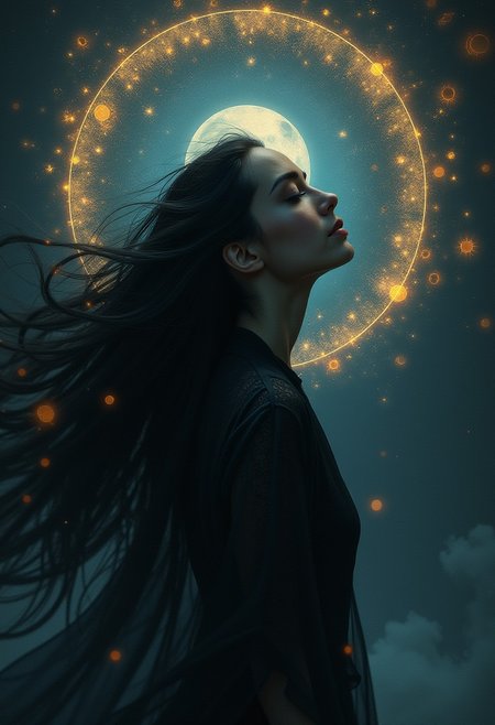 Clairvoyant with long black hair flowing to reveal a visionary spirit, floating magical symbols surround her, enchanting chant sound waves visualized encapsulating her, ancient wisdom aura radiating, shadows leaning into the composition, digital painting, ultra-realistic, dreamy soft focus, ultra fine, dramatic lighting, cinematic quality, reduced saturation.