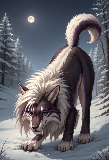 score_9, score_8_up, score_7_up,  ng_deepnegative_v1_75t, by reallynxgirl, Expressiveh,  female, ((((feral)))), 1girl, furry_female, solo, furry, animal_ears, tail,moon, night, purple_eyes, long_hair, animal paws, pawpads, seductive pose, lies on its side,  outdoors, claws, looking_at_viewer, tree, forest, cinematic lighting, anime style,  2D, frontal,  snow, detailed background,