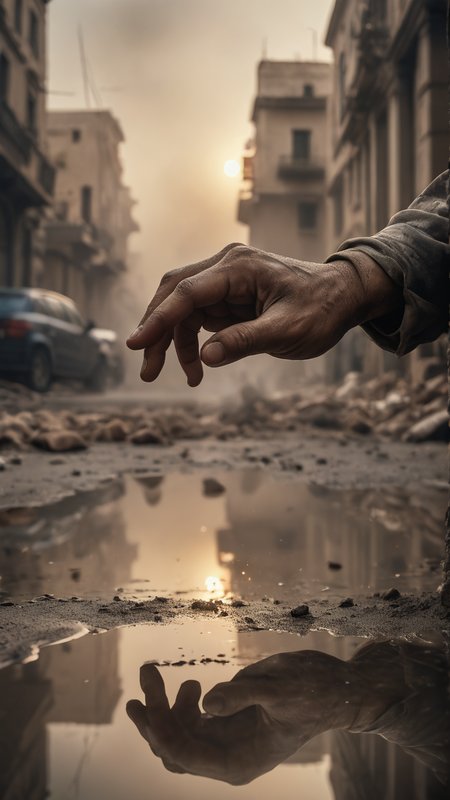 Close up of a dirty hand touching the tips of the fingers in a reflection in the style of The Creation of Adam, fog, war scenario, fire at background, chaotic atmosphere, chaotic, dust and particles in the air, cinematic shot, soft contrast, texture, highly detailed scene, dramatic atmosphere, Middle Eastern city street, 14mm, f1.4,  vignette, dramatic photography,  Creation of Adam style