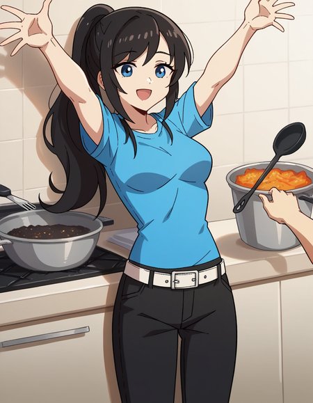 score_9, score_8_up, score_7_up, source_anime, <lora:classof09-nicole-ingame-ponyxl-lora-nochekaiser:1>, nicole, long hair, blue eyes, black hair, ponytail, medium breasts,, shirt, short sleeves, belt, pants, black pants, blue shirt, t-shirt, kitchen, cooking, apron, cutting vegetables, home cooking, smile, , on back, arm support, arms up, incoming hug, pov, reaching, reaching towards viewer,, solo,, dutch angle,
