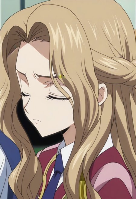 anime screencap, masterpiece, best quality, Code Geass anime art style, <lora:Nunnally_Lamperouge:1>Nunnally Lamperouge, 1girl, ashford academy school uniform, long hair, necktie, school uniform, closed eyes,