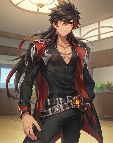score_9, score_8_up, score_7_up, source_anime, anime screencap, depth of field, rating_safe, BREAK,
1boy, solo, yaoi, male focus, mature male, toned, 
looking at viewer, cowboy shot, facing viewer, standing, straight-on, arms at sides,
<lora:Nova_Imperatorv2:1> novaimperator, black hair, multicolored hair, two-tone hair, streaked hair, red hair, long hair, amber eyes, dark skin, spiked hair, ponytail,
black shirt, black pants, black coat, 
indoors