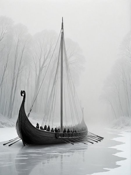 side view of a Viking ship on a dark river in a frozen forest landscape, men on board, freezing fog, chiaroscuro, intricate, crisp lines, cs-h0rsey-01-1000 <lora:Viking_Ship:1>