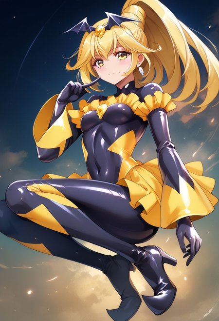 score_9,score_8_up,score_7_up, score_6_up, uncensored, source_anime, 5_fingers, 1girl, solo, black badend-bodysuit, badend-tiara, yellow frills, yellow skirt, yellow gem, latex bodysuit, zPDXL2, good_hands, full body, small breasts, by hiroyama_hirosh,  csr style,  curepeace, ponytail, blonde hair, yellow eyes
