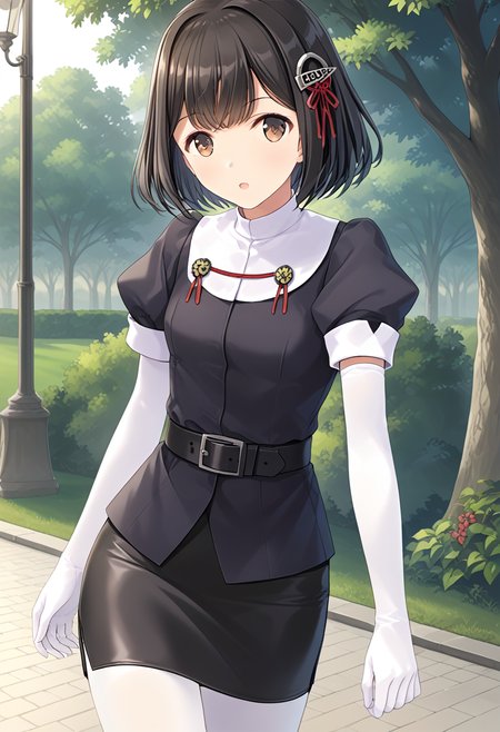 1girl, solo, park, standing, cowboy shot, <lora:KC_03HC_haguro_pony:1> hagurodefkc, shirt_short_sleeves, military uniform, white collar, short sleeves, puffy sleeves, elbow gloves, white gloves, black belt, black skirt, pencil skirt, white pantyhose,, score_9,score_8_up, score_7_up, source_anime, masterpiece, best quality,  official art, official style, game cg, megami magazine, rating_safe, rating_questionable, <lora:Fixhands_anime_bdsqlsz_V1:0.75>, NEGATIVE_HANDS