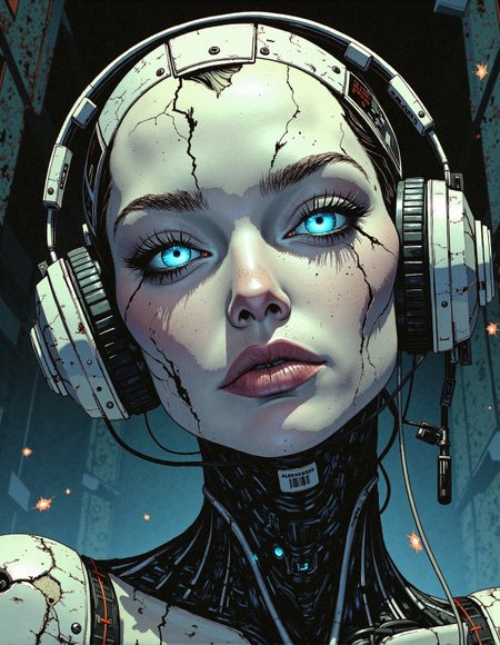 Comic book illustration, 2d
A breathtaking hyper-detailed cybernetic portrait of a forgotten android abandoned in a dystopian wasteland, her once-perfect synthetic skin now fractured, revealing a complex mesh of exposed wiring, rusted mechanical plating, and embedded data chips flickering weakly with residual power. Her glowing blue eyes, hauntingly expressive, radiate both sorrow and defiance, with coolant streaks running down her porcelain-like face, resembling artificial tears frozen in time. Her heavy, industrial-grade headset, covered in dirt and chipped paint, hums faintly with static interference, remnants of long-lost transmissions still echoing in her fading consciousness. Her battle-worn limbs, adorned with peeling barcodes and faded serial numbers, feature intricate mechanical components, visibly degraded and barely holding together with patches of electrical tape and improvised repairs. The background is dark and chaotic, an abandoned cyberpunk dystopia of corroded metal and flickering neon debris, with sparks occasionally flaring from malfunctioning machinery. The atmosphere is thick with dust and oil, creating an immersive, cinematic realism where every meticulously rendered crack, every worn-out circuit, and every subtle glow of her failing power core tells the story of an AI left to die in a world that no longer remembers her.
 <lora:FluxDFaeTasticDetails:0.3> <lora:Comic_Style_-_FLUX:0.6>