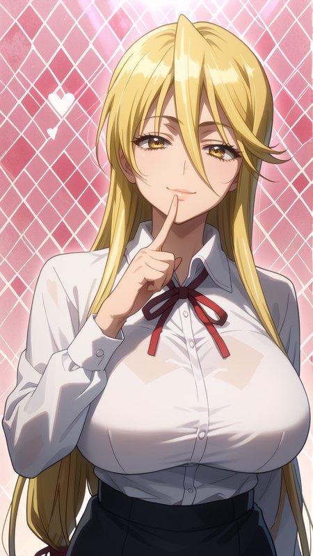 score_9, score_8_up, score_7_up, 1girl, solo, looking at viewer, anime coloring, upper body, close-up, portrait, 
<lora:Shizuka_Marikawa_Dwnsty:0.8>, shizuka_marikawa, blonde hair, yellow eyes, long hair, low-tied long hair, hair between eyes, sidelocks, white shirt, collared shirt, red ribbon, neck ribbon, black skirt, long skirt, pencil skirt, 
lips, huge breasts, light smile, mature female, finger to mouth, smirk, naughty face, 
sunlight, abstract background, argyle background, rainbow, heart, 
 <lora:Hotd_Artstyle_Dwnsty:0.7>