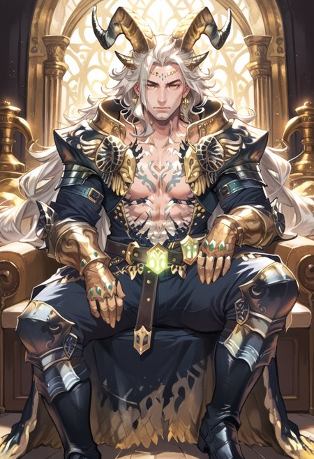 (score_9:0.9),score_8_up,score_7_up,rating_safe,anime style,(zPDXL),<lora:EX Kulve Taroth Alpha male ponyXL v1:0.73>,ex kulve taroth alpha armor,1boy,grey hair,solo,gold horns,very long hair,gold gauntlets,looking at viewer,gold theme,male focus,large pectorals,muscular male,black knee boots,gold pauldrons,mature male,sitting,
