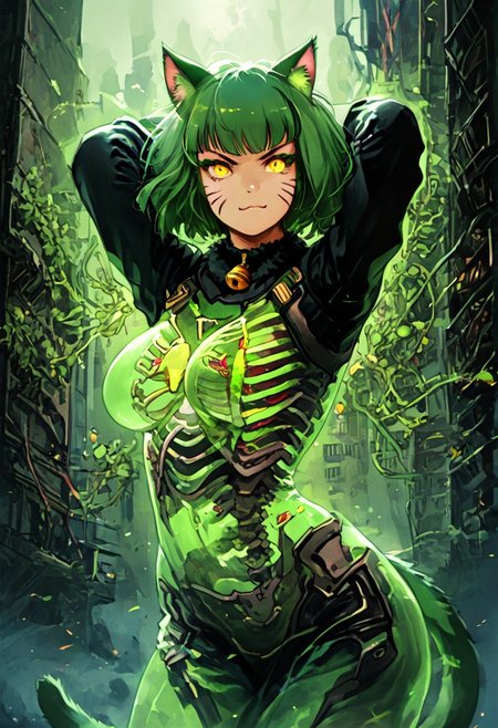 3l3m3ntp, cr1tter, detailed, transparent, (action pose),
woman, arms up, smirk, closed mouth, yellow eyes, makeup, fluffy green cat ears, short green hair, bangs, cat whiskers marks, large breasts,(green cat tail:1.4),socks, neck bell,
(futuristic night city tokyo:1.4), (green neon), brutalist architecture,
score_9, score_8, score_7, score_6, absurdres, skeleton, spine, hip_bones, ribcage, legs bones, solo, half body,
(transparent, transparent_body, transparent_skin),