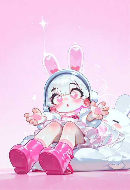 masterpiece, best quality, amazing quality, very aesthetic, absurdres, newest, holographic colors,gradient colors,volumetric lighting,realism, realistic,pink theme,intricate details,ultra sharp,exquisite detail, 1girl,short black eyebrows,thick black eyebrows,thick white eyelashes,skinny,white glowing eyes,soft blush,flat chest,white overly fluffy tutu skirt,pink frills,white fluffy tutu skirt,oversize white dress,high waist,pink socks,see-through rubber boots,pink ribbon,white hair,pink inner hair,glowing highlights, shiny hair,hair between eyes,long bangs,hime cut,very long hair,(oversize astronaut helmet),hair stuck out of the helmet,full body,fluffy pillows,perfect hands,(heart symbol),BREAK cute girl,extremly pale skin,pink blush,oiled skin,soft skin,brilliant skin,shiny skin,pink eyeshadow,pale lips,big beautiful eyes,heart-shaped pupils,black eyeliner,long eyelashes,curly eyelashes,gorgeous lips,luscious lips,pink lips,puffy lips,thicc lips,glossy lips,perfect eyes,BREAK direct light,sidelighting, enhanced contrast,hard shadow,highly detailed,high contrast,sitting on a pillow,arms stretched,dynamic pose,rare angle,dynamic angle,detailed pink background,stars on the sky,no lineart,no outline, haiz_ai,tianliang_duohe_fangdongye:0.3, <lora:bikabaka:0.9> <lora:[Artstyle] haiz_ai_Shiiro0 [IL]:1> <lora:Illustrious_USA3710_Style_LORA_2:0.25> us4styl3, <lora:Rapscallion_IllustriousV1:0.6> <lora:tomaco_ill:1> <lora:nyalia_NoobXL:0.8> <lora:nanniang-000016:0.9>chibi,nanniang,