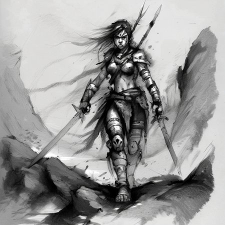 drawix8 a young warrior girl on the battlefield, in the background, a dark land of rocks, expressive, terror <lora:drawix8:1>