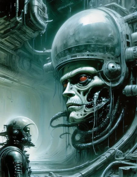 "Close-up, front-facing view of a scavenger, his face reflecting horror, within the chilling confines of a derelict space station. Sharp contrasts, lavishly intricate, drawing from H.R. Giger", surrealism, weird and pissed off, oil on canvas, dry brush, <lora:John Berkey Style:0.9>, John Berkey Style