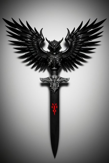 A stunningly realistic and brutal photo of a demonic sword, featuring a long, sleek black metal blade that reflects light.
The double-edged, full tang blade is sharp and deadly.
The handle, made of black material, showcases intricate demonic patterns and stripes.
A ruby adorns the center, adding a pop of red to the sinister design.
The dagger is depicted alone, with no humans or other objects in the image, allowing the viewer to fully appreciate its menacing beauty.
photo, product