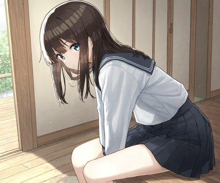 masterpiece, best quality, amazing quality, sfw, 1girl, solo,  shirt, pleated skirt, sailor collar, looking at viewer,  <lora:Kakuninii style ILL:1.2> kakuninii
