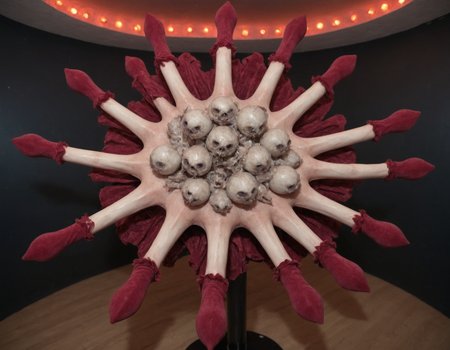 picture from really bad dream about terrifying <lora:Cockstarz:0.75> 10-point Cockstarz cluster with frilly burgundy velvet fabric wrapped around each shaft, sparkling lights, disco balls in background, psychedelic,  , true horror. bone-chilling vision. mad world that shouldn't exist. best quality, high resolution