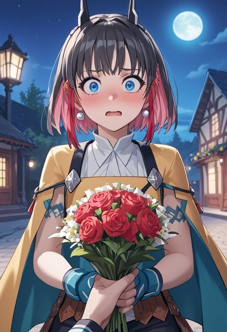 score_4,score_5,score_6,score_7_up,score_8_up,score_9 ((masterpiece,best quality,ultra detailed,highres,HD,4k:1.2)), 
1girl, solo,solo focus,girl focus,face focus,
multicolored hair,short hair,black hair,pink hair,blue eyes,tattoo,sidelocks,black head gear,black head ornaments,earrings,small breast,
yellow cape,white shirt,fingerless gloves,
pov,from front,front view,front angle, ((PovGifting, pov hands, holding flowers, bouquet of red roses:1.1)), Night, night view, outdoors, full face blush,Embarrassed,wide eyes, open mouth,