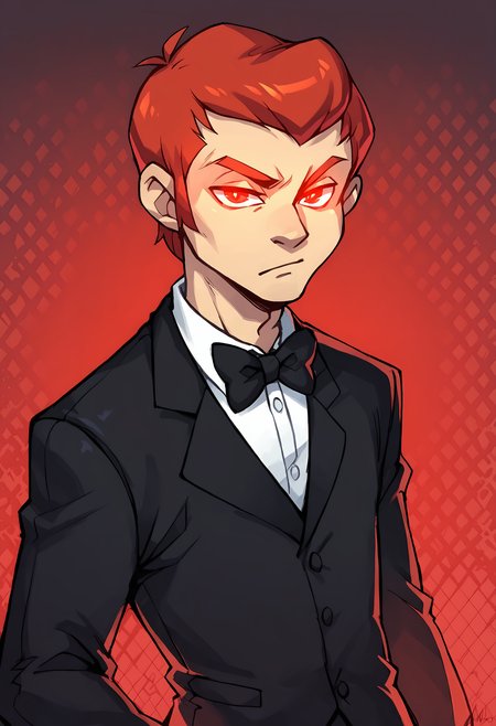 score_9, score_8up, score_7up, score_6up, score_5up, score_4up, dynamic angle, dutch angle, abstract background, source_cartoon, rating_safe, BREAK
male, solo, cb_darkheart, red hair, sideburns, glowing red eyes, blank red eyes, black tuxedo, formal, black bow tie, BREAK
 <lora:Dark_Heart_-_Care_Bears_II_-_PDXL:1>