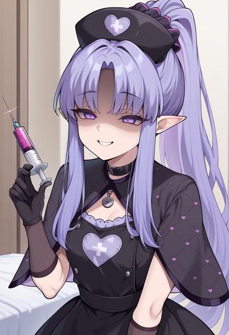 1girl, pointy ears, purple eyes, purple hair, long hair, ponytail, sidelocks, scrunchie, black dress, apron, heart print, nurse, nurse cap, black gloves, black capelet, gothic, indoors, holding syringe, smile, shaded face,  <lora:Medea_Lily_Illustrious:1>, masterpiece, best quality, amazing quality, very aesthetic, absurdres, highres, newest