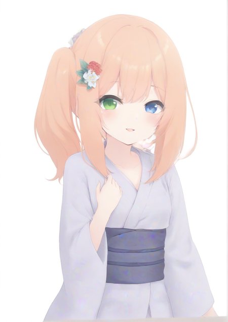 1girl,zPDXL3,blue eyes, close-up, floral print, flower, green eyes, hair flower, hair ornament, hand on own chest, heterochromia, japanese clothes, kanzashi, kimono, looking at viewer, parted lips, purple kimono, red flower, side ponytail, smile, solo, upper body<lora:ToiukotoT8140:1>