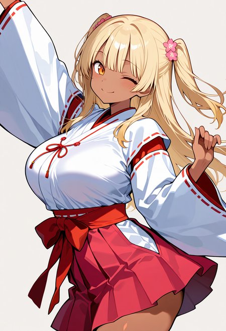 best quality, amazing quality cowboy shot, simple background,((outlined outlined vector graphics)),  beautiful scenery,  front view ,  looking at viewer ,
1girl, 20yo, (large breast:1.2), orange eyes, (blonde hair:1.3),long hair, (two side up:1.1), (dark skin:1.6), dark skin girl, (tall:1.2), (abs:0.7),bangs, cute face,
 pink clothes, pink skirt, smile,  wink, miko , miko-cosplay   , ,   jumping,  , arm up ,  , kawaii, flowers,  <lora:miko-cosplay-il-01:0.8>
