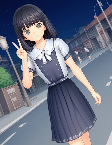 score_9, score_8_up, score_7_up, source_anime, <lora:rinze-himenogi-ingame-ponyxl-lora-nochekaiser:1>, rinze himenogi, bangs, black hair, blunt bangs, black eyes, 3d, skirt, dress, school uniform, short sleeves, puffy sleeves, black dress,, city street, evening, streetlights, walking dog, quiet neighborhood, gentle breeze, , looking at viewer, v,, solo,, dutch angle,