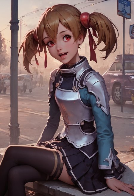 score_9, score_8_up, score_7_up, 1girl, silica, solo, skirt, brown hair, open mouth, red eyes, thighhighs, breastplate, twintails, white background, black skirt, pleated skirt, armor, smile, ribbon, skirt, thighhighs, breastplate, black skirt, pleated skirt, armor,, black thighhighs, rminiskirt, bus stop, public place nighttime vibrant lighting, street lights, high contrast, dramatic shadows, highly detailed, detailed skin, depth of field, tilted angle, moody lighting, exy pose,professional lighting, perfect quality, high quality, photorealistic, sitting, (((supermodel))),((goddess))