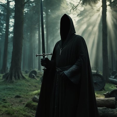 cinematic film still of  <lora:The Lord of the Rings style v2:1>
In a Fantasy Middle-earth world in the dark ages Nazgul Ringwraiths a faceless grim reaper person in a black robe holding a sword,Black Riders and also called Ringwraiths,Dark Riders,the Nine Riders,or simply the Nine,solo,1boy,holding,standing,weapon,male focus,sword,hood,holding weapon,blurry,tree,blurry background,holding sword,gauntlets,nature,facing viewer,cloak,hood up,forest , dramatic light, dramatic shadow light, film contrast, cinematic film color, cinematic film look, filmic, realistic, realism, perfection, perfect, movie still, fantasy drama, epic drama, fictional, Age of Wonders, Age of Empires, warriors,  Medieval style, middle ages, dungeons and dragons style, four horsemen of the apocalypse, different people, different, unique, kingdoms and castles, violent, aggressive, detailed, perfection, detailed face, detailed body, detailed hands, detailed eyes, sharp, horror themed, dark themed, epic fantasy adventure film style, Legendary, mythical, The Lord of the Rings style, shallow depth of field, vignette, highly detailed, high budget, bokeh, cinemascope, moody, epic, gorgeous, film grain, grainy