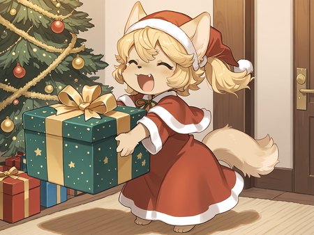 masterpiece, best quality, (absurdres), (highest quality), amazing quality, very aesthetic, no humans,
BREAK, <lora:Mei_Marzipan_Illustrious_V1:1>, mei marzipan, fuga: melodies of steel, kemono, furry female, 1girl, child, beige fur, blonde hair, yellow eyes, dog girl, animal ears, dog tail, dog ears, twintails, bangs,
BREAK,christmas outfit, red dress, santa hat, holding big present,
BREAK, (solo), full body, christmas eve, screaming, excited, closed eyes, happy, inside, christmas tree,