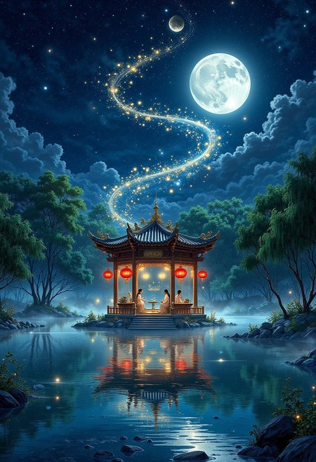 The Moonlit Pavilion of the Weaving Maiden (Zhinü and Niulang)
A serene lake reflecting the glow of a full moon, surrounded by a willow-lined courtyard in the style of an ancient Chinese palace. At the heart of the lake, a delicate wooden pavilion with red lanterns and intricate golden carvings stands on stilts, its silhouette mirrored perfectly in the still water. The air is filled with the faint scent of jasmine and magnolia blossoms.
Inside the pavilion, a graceful celestial maiden, clothed in flowing white silk embroidered with silver stars, sits at a wooden loom, weaving threads of gold and moonlight into the fabric of the night sky. A gentle mist swirls around the pavilion, while a bridge of glowing stardust begins to form above, symbolizing the legendary Qixi Festival—the yearly reunion of the Weaving Maiden (Zhinü) and the Cowherd (Niulang).
Fireflies flicker like fallen stars, and the soft notes of a guqin (古琴, Chinese zither) echo through the air, carrying the melody of a love that transcends time and space.