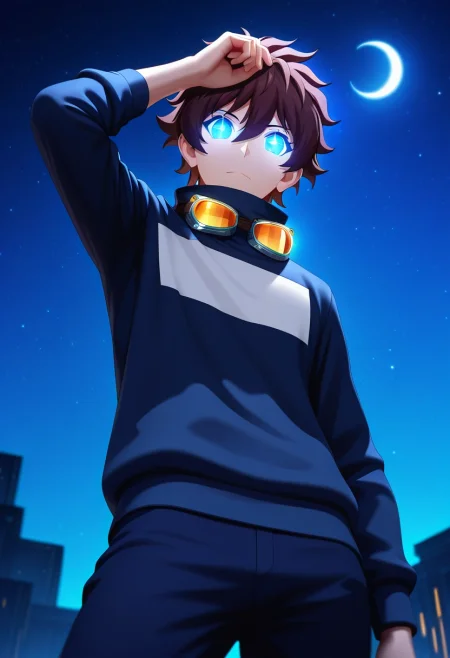 masterpiece, best quality, , (3d:0.4), looking at viewer, 1boy, solo, male focus, <lora:leonardo_watch_ilxl:0.92>, leonardo_watch, brown hair, short hair, hair between eyes, bangs, blue eyes, glowing eyes, goggles around neck, from below, spaceship, night, crescent moon, arm up, sparkling eyes,