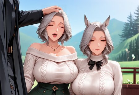 <lora:NOOB_vp1_detailer_by_volnovik_v1:1> <lora:TrendCraft_The_Peoples_Style_Detailer-v1.0A-3_13_2025-NoobVPRED:1> masterpiece, best quality, newest, absurdres, highres,detailed_background,outdoors,headpat,white sweater,collarbone,short over long sleeves,green skirt,black bowtie,open mouth,white pupils,white dress,horse tail,off-shoulder sweater,black gloves,freckles,yellow eyes,turtleneck sweater,sweater,hand on another&