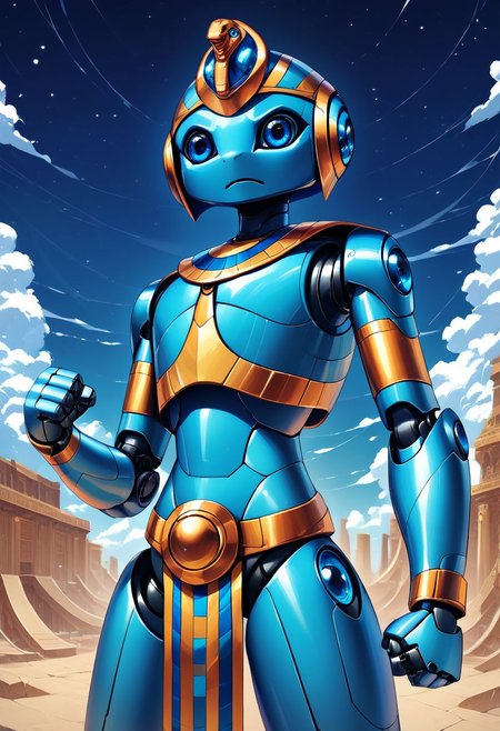 score_9, score_8_up, score_7_up,
zzEgyptian, usekh collar, gold trim, jewelry, gold, eye of horus, pharaoh's headdress, armlet,
 CivBot, blue eyes, sky, cloud, no humans, glowing, stars, science fiction, fist, clenched fist, radio antenna, cowboy shot, blue robot,