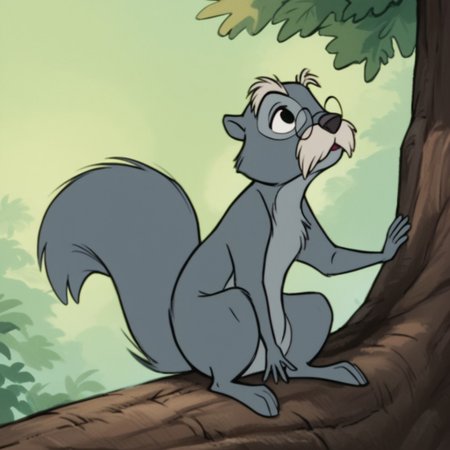 score_9, score_8_up, score_7_up, score_6_up, score_5_up, score_4_up, source_furry, SquirrelMerlin, feral, male, squirrel, grey fur, glasses, squirrel tail, mustache, sitting, in a tree,