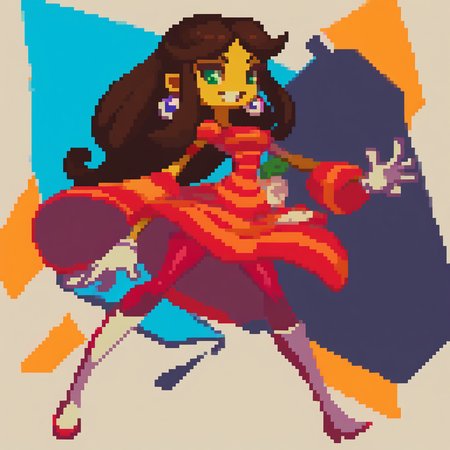 score_9, score_8_up, score_7_up, score_6_up, 1girl, milla vodello, default outfit, multicolored dress, one arm reaching out to the sky, fighting stance, solo, long hair, dress, green eyes, brown hair, boots, dark-skinned female, yellow skin, knee boots, white footwear, white gloves, gloves, striped, earrings, red pantyhose, pantyhose, detailed background, <lora:Milla_Vodello_Psychonauts_-_PonyXL:1>  <lora:sakuemonq:1>